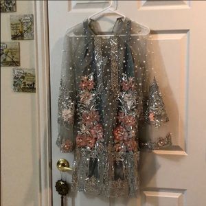 Chic Floral Embroidered Kurta in Gray and Pink